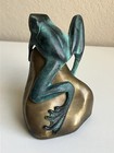 Bronze Patina Brass Tree Frog On Rock Statue Sculpture Paperweight Figurine Vtg