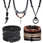 Men s Leather Necklace   Bracelet Set - Tribal Wolf Tooth  Wood Bead  Cross Pend