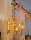 Vintage  Beveled Glass Cut Glass 12 Panel Brass Light 6 Bulb Hanging Chandelier