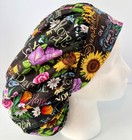 Floral On Black Print Size Large Medical Bouffant Scrub Cap Surgery Hat