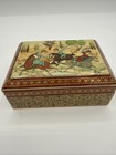 Vtg Persian Lacquered Wooden Inlaid Khatam Marquetry Hunting Scene Trinket Box