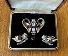 Vintage Art Deco Mazer Purple Rhinestone Brooch Clip On Earrings Jewelry Set