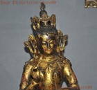 Tibetan Buddhism Bronze 24k Gold Gilt Green Tara Kwan-yin Guanyin Buddha Statue