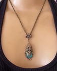 Vintage Necklace Art Nouveau Filigree Lavalier Pendant Antique Aqua Czech Glass