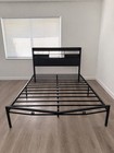 Full Bed Frame Led Light Headboard Metal wood Matte Black Modern Size Queen