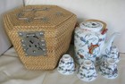 Vintage Ceremonial Chinese Bird Fish Padded Tea For Two Pot Basket China 10 x 9 