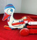 Vtg Wooden Pull Toy Duck Wagon 13 5    Hand Painted Red White Blue Folk Art 1940s