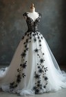 Gothic Wedding Dresses V Neck Lace Appliques White And Black Bridal Gowns A Line