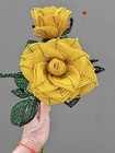 Pair Of Vintage French Beaded Flowers  Yellow Roses With Green Leaves     20    Tall