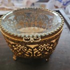 Antique Gold Ormolu Filigree Beveled Glass Casket Jewelry Box  Euc
