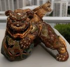 Vintage Japanese Kutani Ware Pottery Red Shishi Lion Statue  1900s    