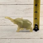 Vintage Hand Carved Green Stone Elephant Figurine Trunk Up Luck Decor 3 75in