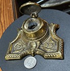 Antique Brass Inkwell With Glass Insert Pen Rest -  Nice Patina  5 1 2  W 