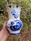 Gzhel Russian Cobalt Blue   White Vintage Porcelain Vase 6 75  Hand Painted