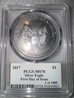 2017  1 Silver Eagle Pcgs Ms70 Fdoi 12th Chief Engraver Mercanti Signed