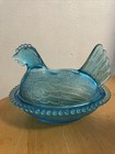 Rare Indiana Glass Hen On Nest Horizon Blue Aqua Blue