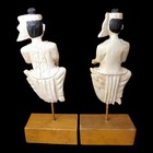 Vintage Carved Wood Thai Musician Figurines Pair Drum   Lute Gold Bases 14 