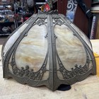 Antique Art Nouveau Slag Glass Lamp Tiffany Shade 8 Panel Caramel Metal Overlay