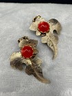 Vintage Bracelet Earrings Set Leave Gold Tone Clip On Red Moon Glow