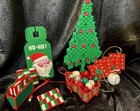 Vintage Macrame Handmade Yarn Bulbs Plastic Christmas Ornaments Coasters Kitschy