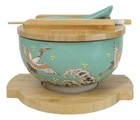 Turquoise Japanese Crane Donburi Ramen Bowl With Lid Trivet Spoon Chopsticks Set