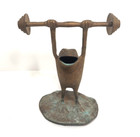 Brass Frog Weight Lifting Barbell Statue Mcm Paperweight Bronze Decor Verdigris 