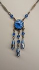 Vintage Czech Art Deco Sky Blue   Silver Foiled Glass Bead Dangle Drop Necklace