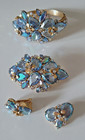 Vintage Josane Gold Tone Ab Blue Bracelet  Brooch And Clip On Earrings Set