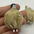 Antique Miniature 2  Porcelain Doll Pincushion Pair Black Hair Silk Body 1900s