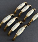 Vintage Belwith Brass Drawer Pulls Porcelain Blue Floral Ceramic Cabinet Handles