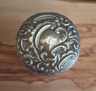 Antique English Sterling Marked Vanity Jar Repouss   Lid Mono Cut Glass