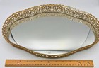 Vintage Oval Vanity Tray Gold Metal Filigree Mirror Hollywood Regency Decor