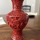 Vintage Chinese Florals Hand Carved Red Cinnabar Vase With Blue Enamel On Copper