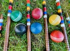 Vintage Wood Croquet Set 3 Stripe Balls 9 Wickets 2-6 Players Forster Unmarked