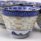 Vtg Chinese Jindezhen Tea Saki Cups Rice Grain Pattern Blue White  6  Gold Trim