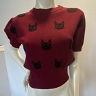 Unique Vintage Burgundy black Cat Print Knit Crew Neck Puff Sleeve Sweater  L