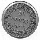 1894 Obv  2 Newfoundland Silver 20 Cent Coin - Fine