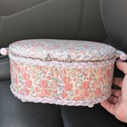 Azar Vintage Woven Wicker Sewing Basket Box Floral Print Fabric Pink Purple Vtg