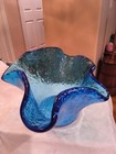 Vtg Murero Handmade Art Glass Aqua Handkerchief Bowl vase Italy Heavily Tentured