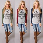 Women Letter Print Cotton Top Long Sleeve Crew Neck Loose Fit Pullover Blouse