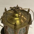 Vintage Art Deco Brass Frame Hanging Pendant Light Painted Milk Glass Panels