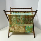 Vintage Knitting Sewing Basket Folding Barkcloth Fabric Wood Frame