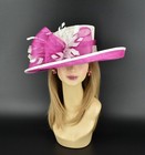 M4003   Ivory fuchsia  kentucky Derby  Church  Wedding  Medium Brim Sinamay Hat