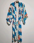 Vintage 1950s Japanese Silk Robe Geisha Novelty Print Turquoise Kimono Belted