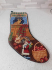 Vintage Needlepoint Wool Christmas Stocking Cats  Green Velvet