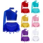 Kid Girls Jazz Latin  Rhinestones Irregular Crop Top With Feather Briefs Costume