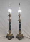Vintage French Empire Neoclassical Style Marble And Gilt Bronze Table Lamps Pair