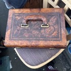 Vtg Tooled Floral Brown Leather Train Cosmetic Jewelry Case For Repair Or Craft