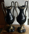 Antique Pair Of Large Black Porcelain   Bronze Ormolu Ewers