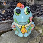 Vintage 1969 Mod Teal Blue Smiling Frog Coin Bank Pink Frog Flower Power Groovy